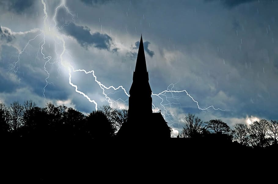 church, architecture, skyline, trees, storm, lightning, rain HD wallpaper