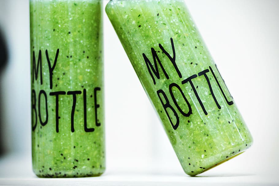 two green glass bottles, smoothies, detox, drink, healthy, fresh HD wallpaper