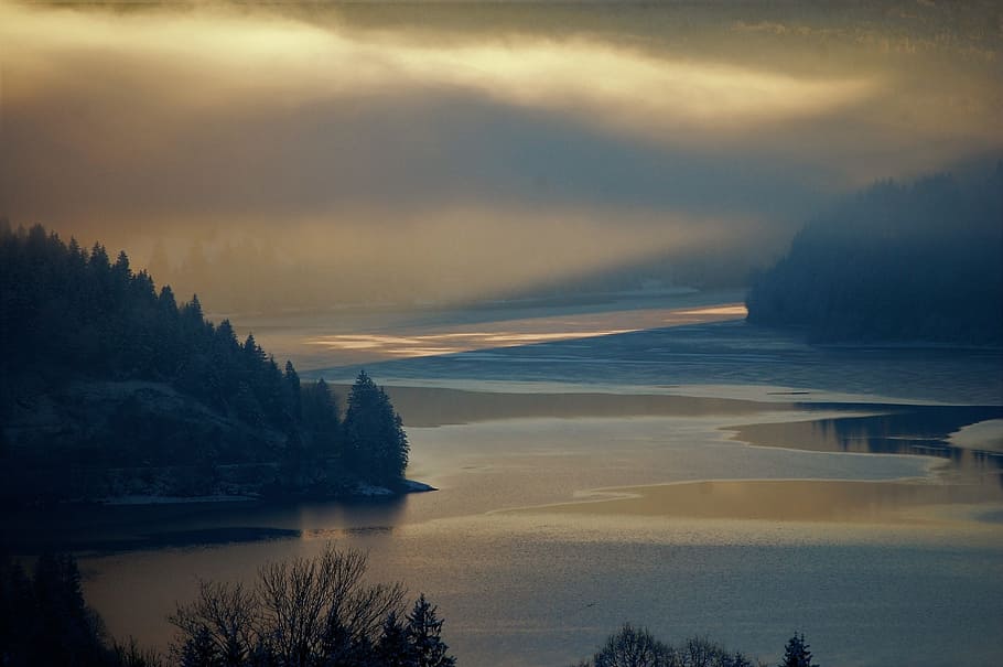 nature, lake, clouds, sun, landscape, water, mountains, view HD wallpaper