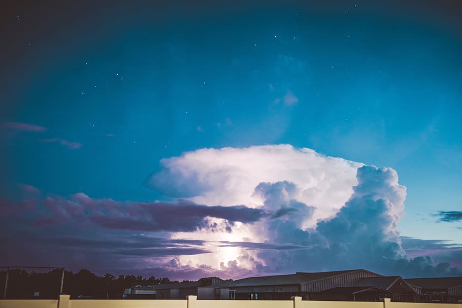 blue, sky, clouds, houses, homes, fence, dark, night, cloud - sky HD wallpaper