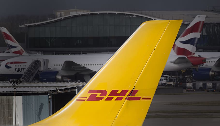 DHL airplane tail close-up photo, freight, cargo, airline, aviation, HD wallpaper