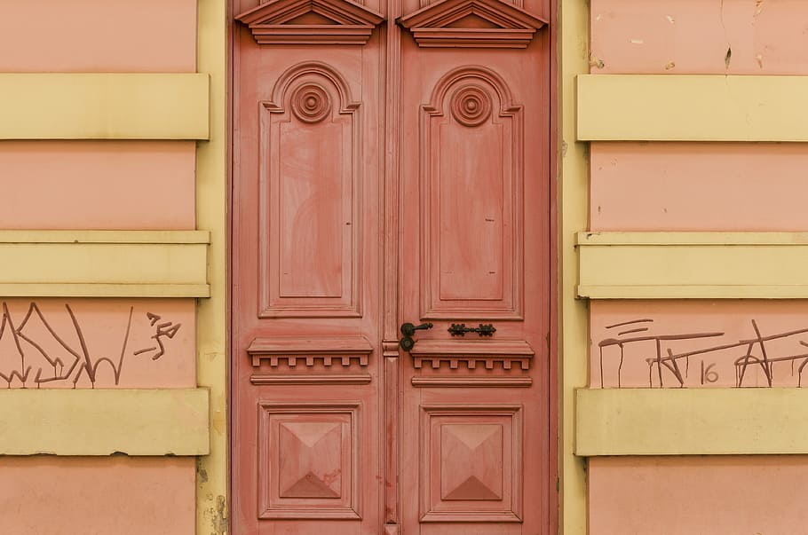 HD wallpaper: photo of pink wooden door on pink wall, brown wooden door