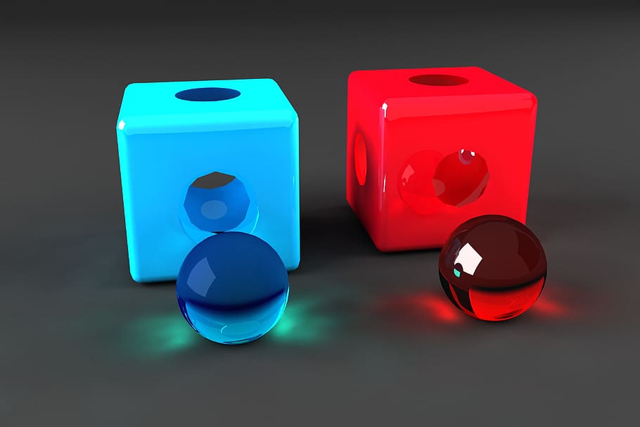 cube, caustic balls, show, game, box, given, red, blue, no people HD wallpaper