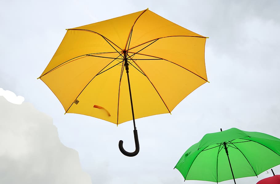 floating umbrellas during cloudy day, sky, screen, colorful, fly, HD wallpaper