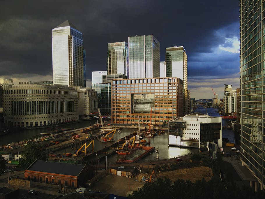 city, buildings, construction, london, canary wharf, construction site, HD wallpaper
