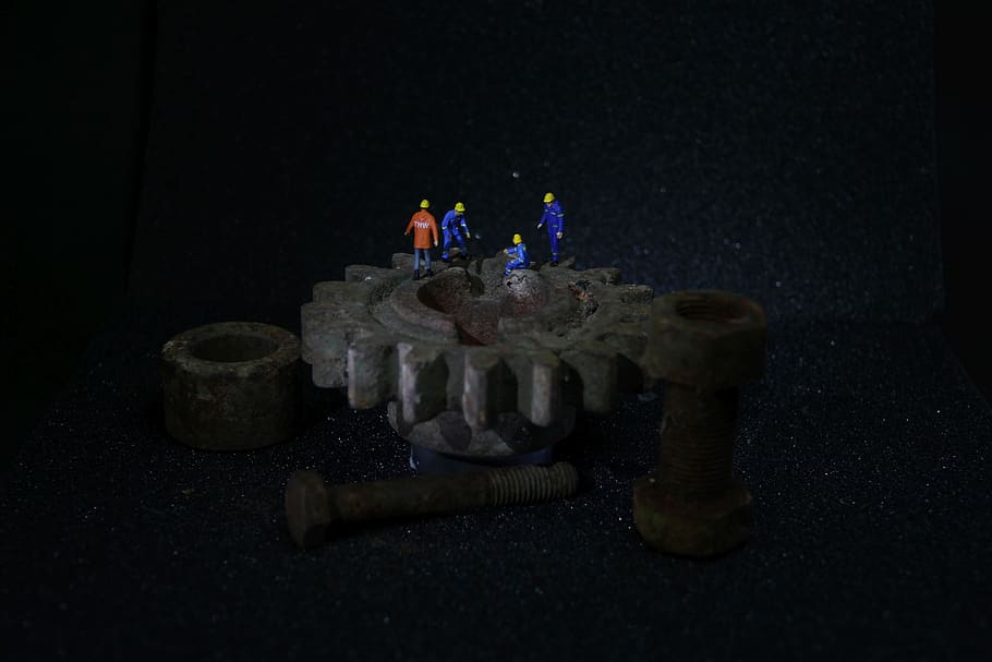 industry, mechanics, miniature figures, night construction site