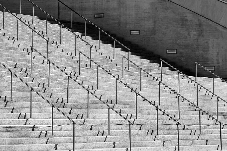 Steps, gray concrete stairs, geometric, parallel, grey, handrail HD wallpaper