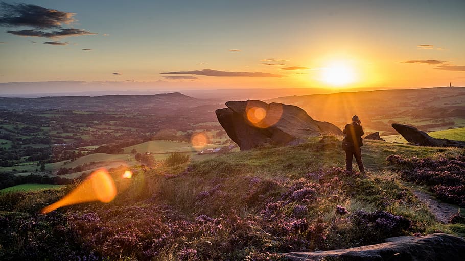 person standing near mountain top on sunset, nature, landscape HD wallpaper