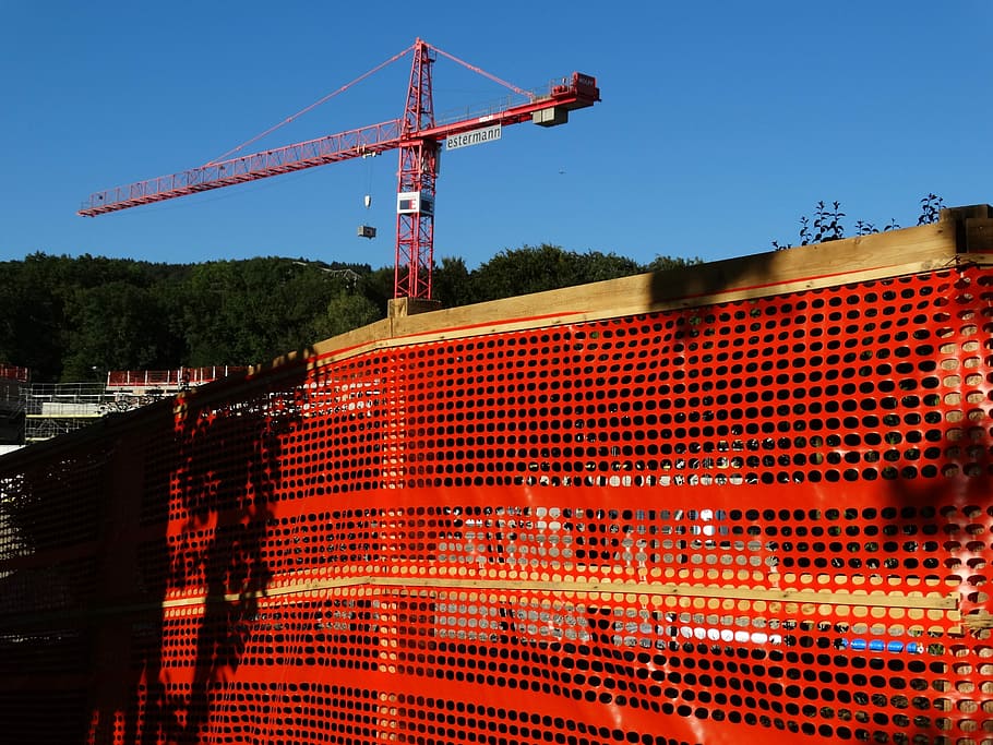 Barrier, Build, Demarcation, red, woody, blue sky, load crane HD wallpaper