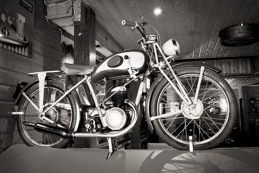 Motorcycle, Vehicle, Moped, Oldtimer, black and white, transportation HD wallpaper