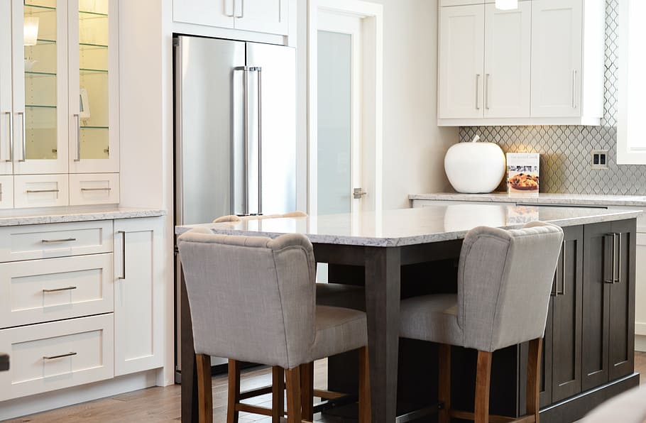 black wooden base grey marble top table, kitchen, counter, chairs HD wallpaper