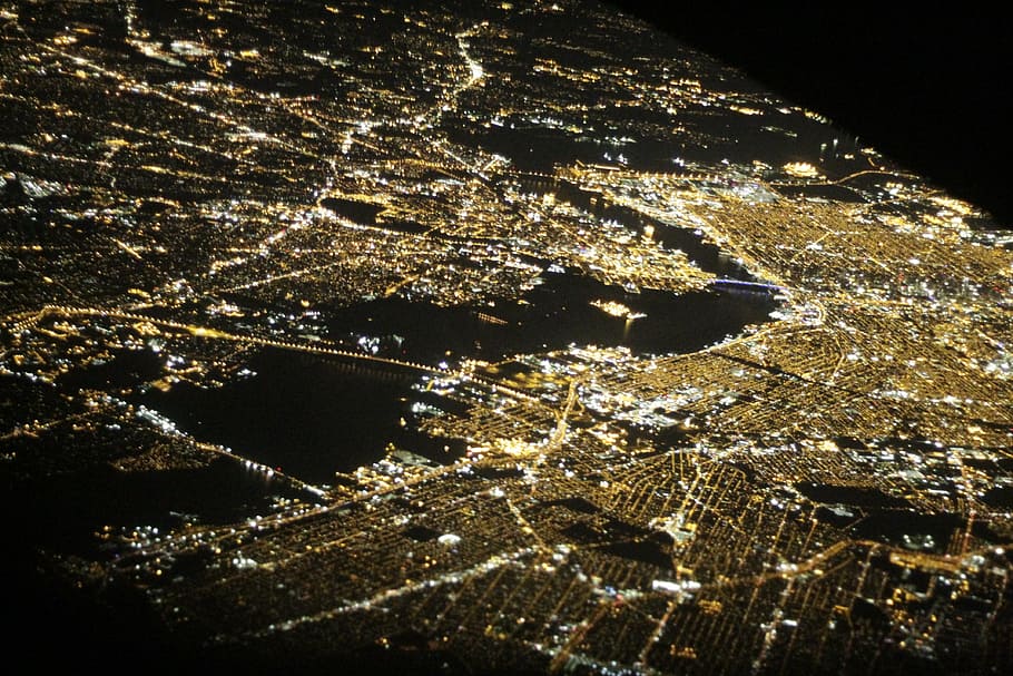 aerial photo of city at night, new york, flight, landmark, transportation