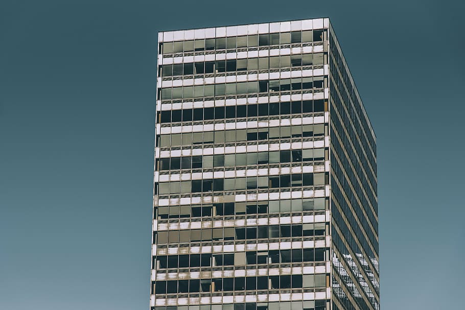 glass building, gray, concrete, architecture, infrastructure HD wallpaper