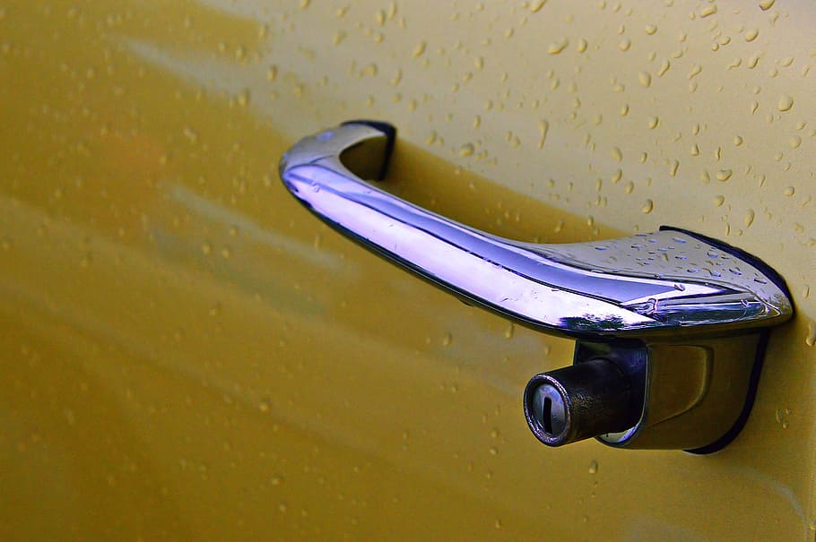 car, oldtimer, yellow, rain, old car, veteran, vintage vehicles HD wallpaper