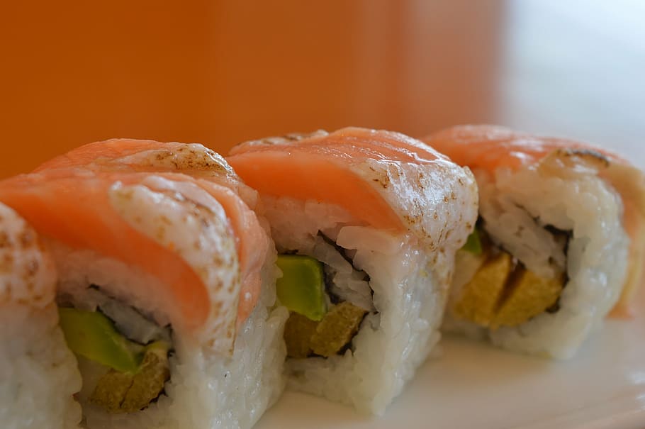 sushi, salmon, seafood, fish, japanese, meal, cuisine, rice HD wallpaper