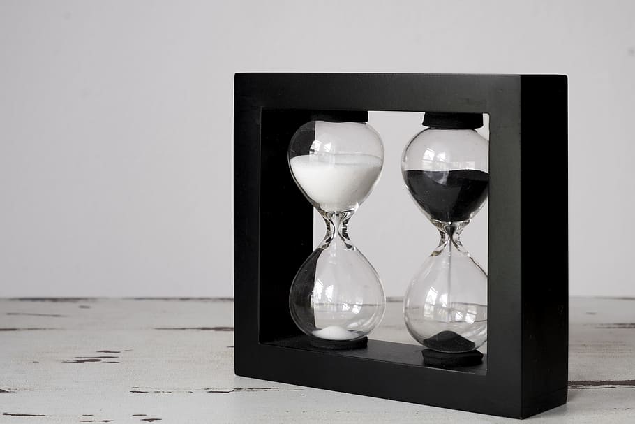 black framed hourglasses, clock, kuechenuhr, time, amount of time, HD wallpaper