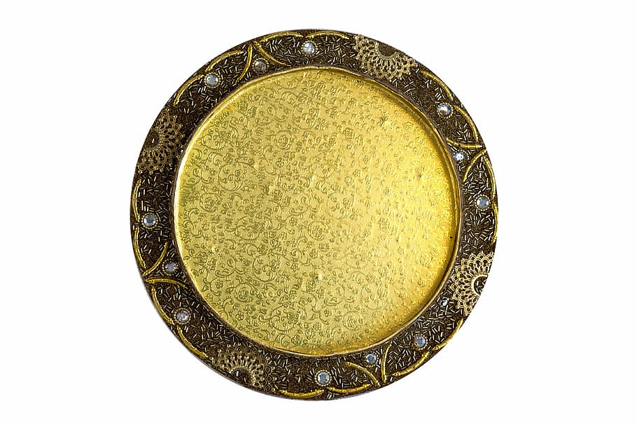round gold and brown wall decor, decorative, tray, serving HD wallpaper
