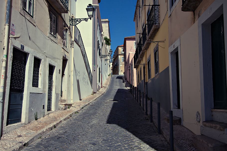 Wide-angle shot of a quiet side street in Lisbon, Portugal. Image captured with a Canon DSLR HD wallpaper