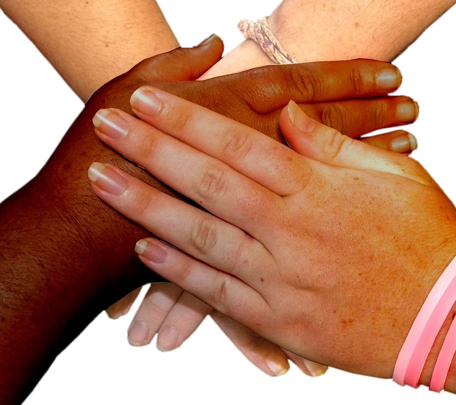 four person's hands, overlaying, people, friends, together, team, HD wallpaper