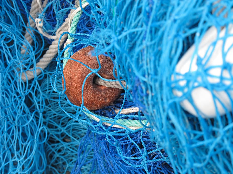 HD wallpaper: close up photo of blue fish net, fishing net