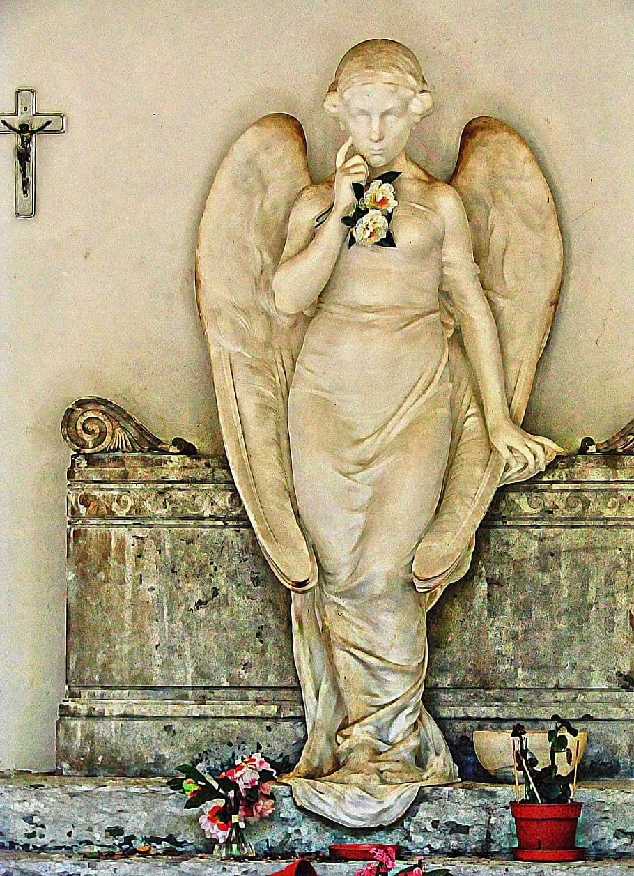 angel, statue, concrete, cemetery, death, grave, headstones, HD wallpaper