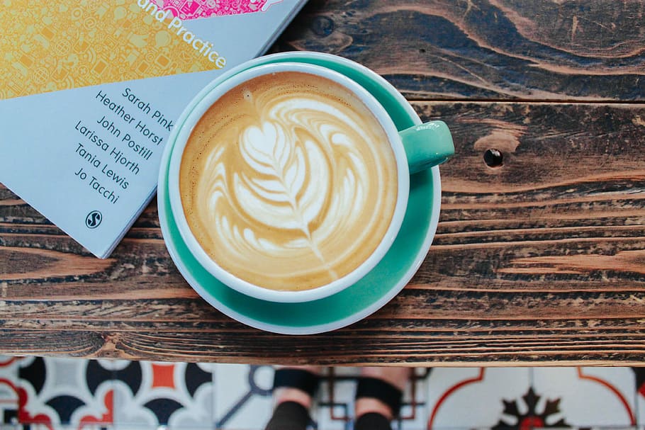 Digital Anthropology & Latte, coffee in teal ceramic cup on table HD wallpaper