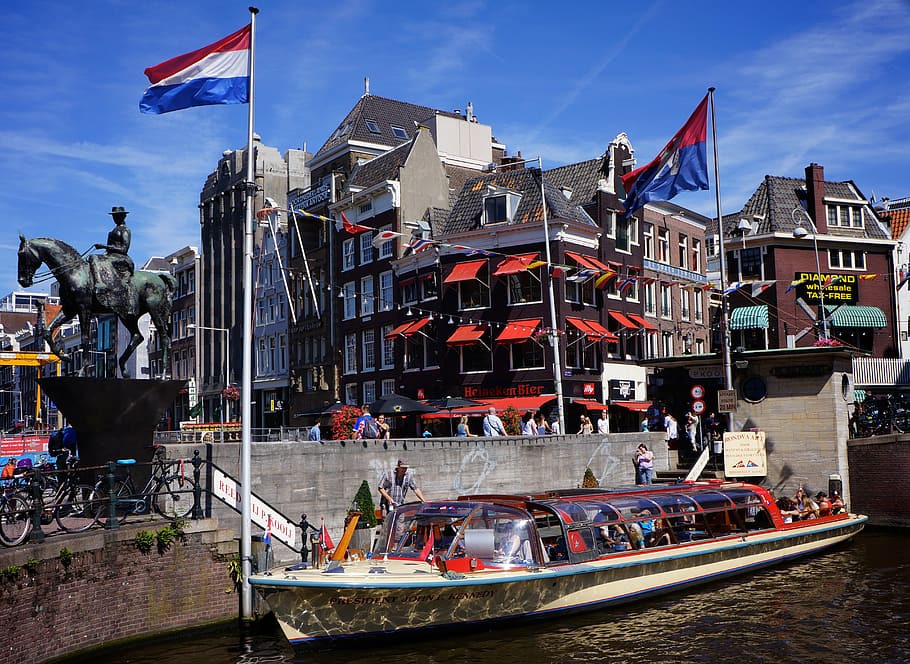 amsterdam, flag, canal, netherlands, holland, europe, dutch, HD wallpaper