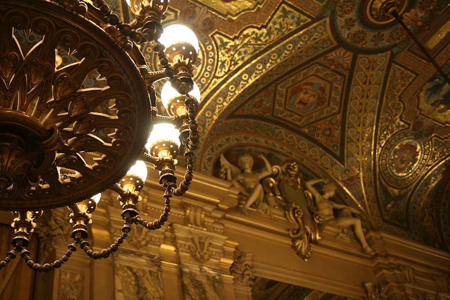 brown candlelight chandelier, paris, opera, ceiling, low angle view, HD wallpaper