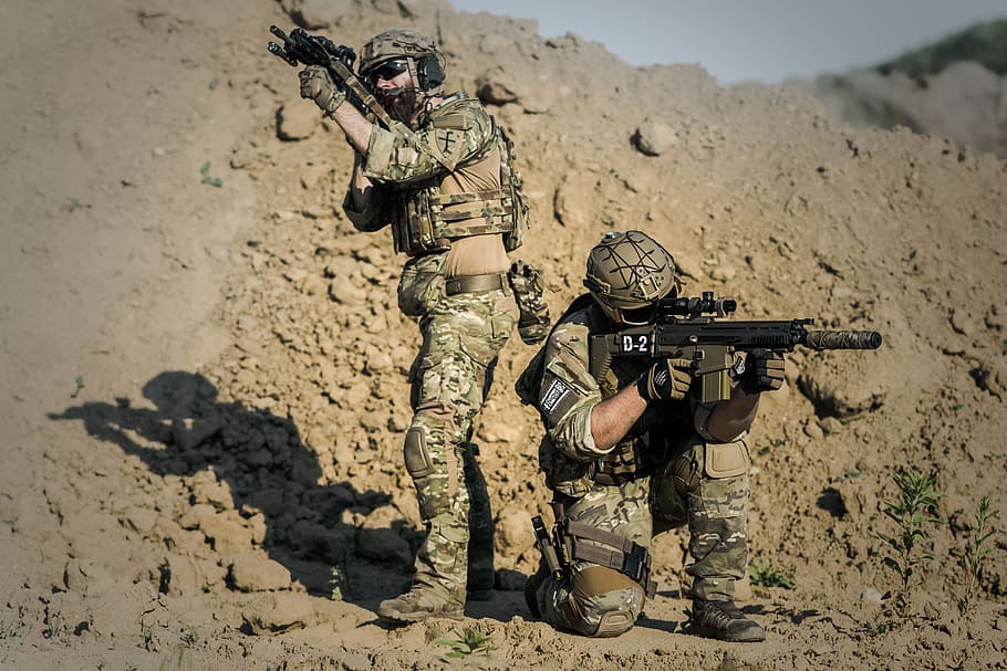 Two Men in Army Uniforms With Guns, battle, camouflage, desert