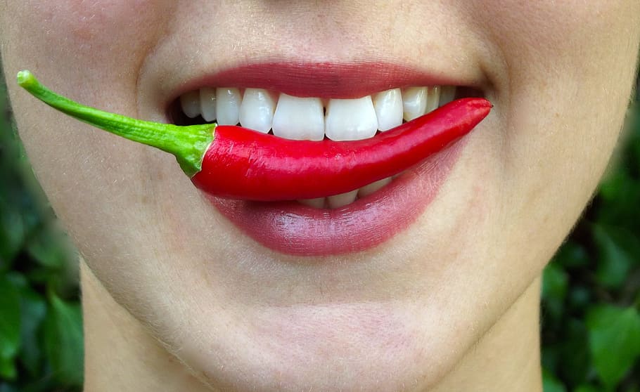 person biting red chili, chilli, bite, hot, lips, mouth, eat HD wallpaper