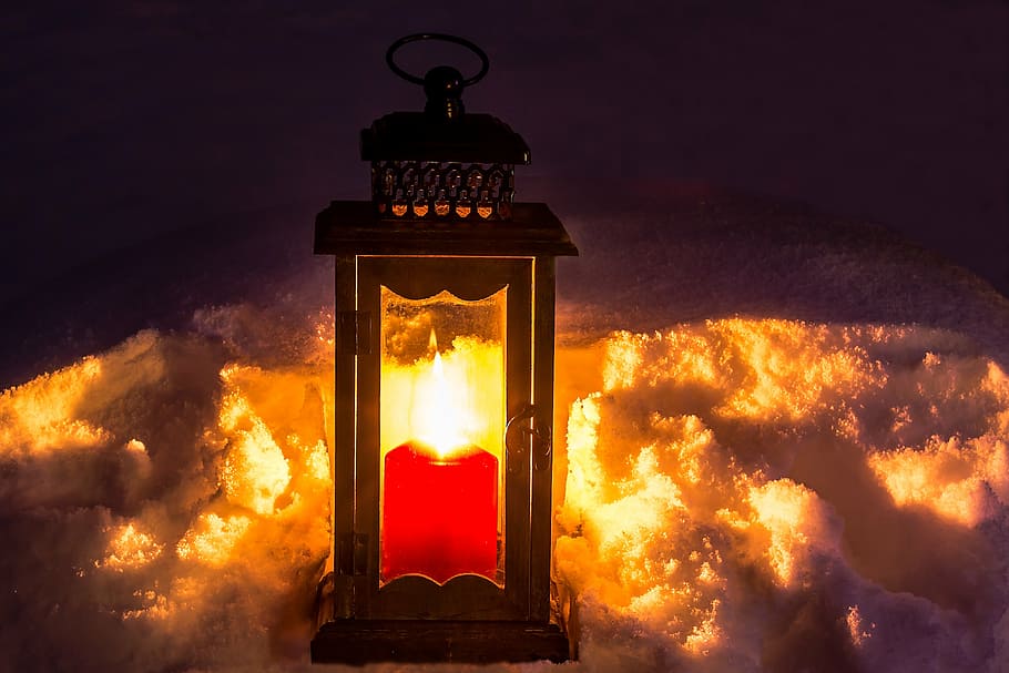 red candle inside brown wooden lantern, light, mood, candlelight HD wallpaper