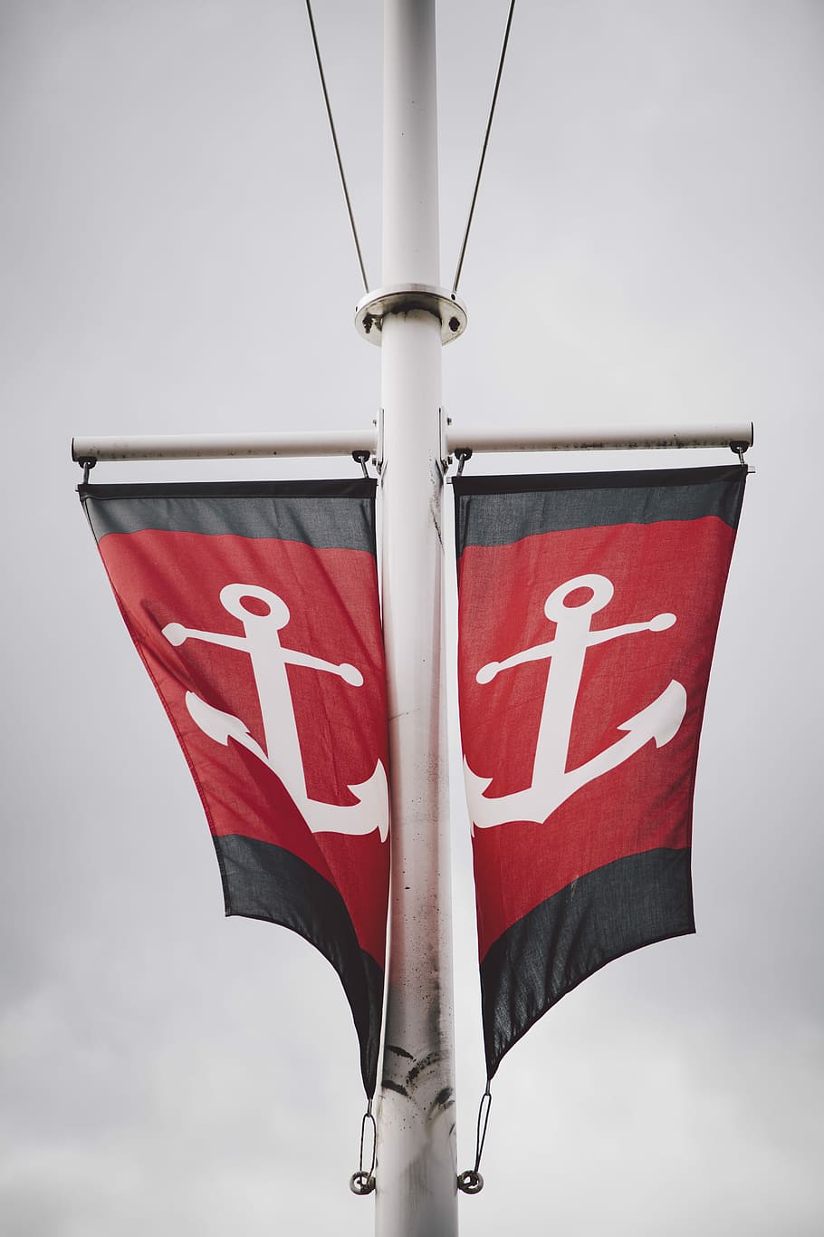 two black-red-and-white anchor banners, flags, sailing, boat HD wallpaper