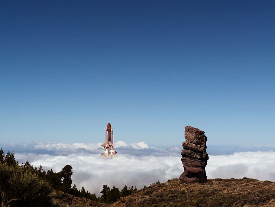 rocket, landscape, clouds, sky, one person, nature, full length HD wallpaper