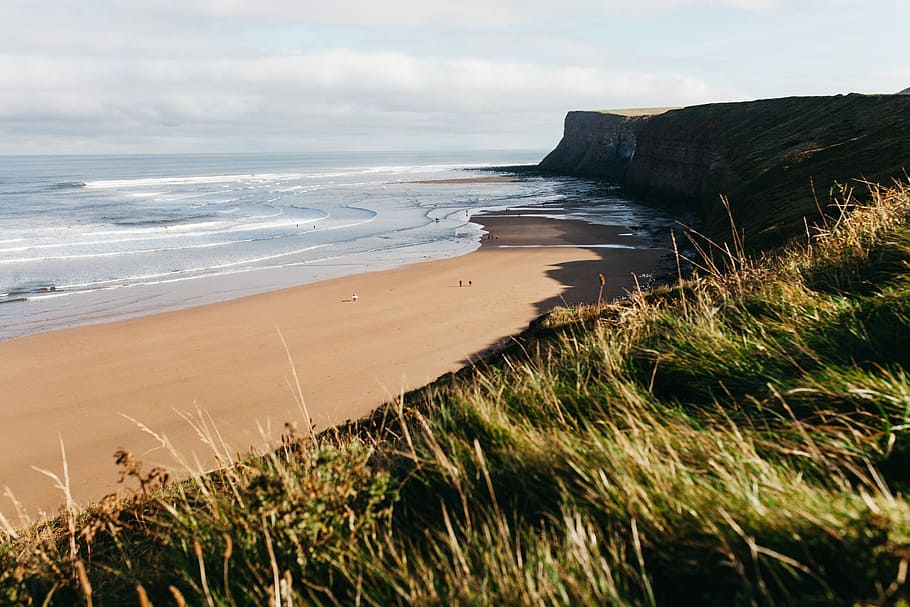 scenery of beach, body of water photography, nature, cliff, grass HD wallpaper