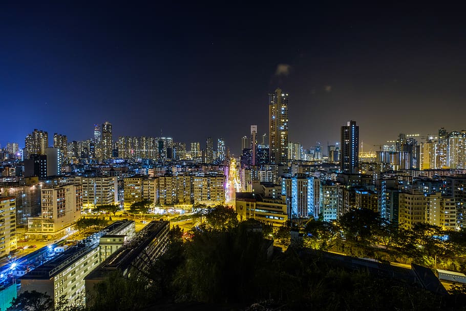 high rise building aerial photography, lighted city buildings HD wallpaper