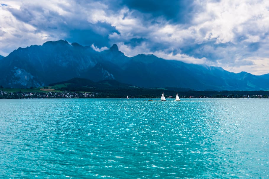 boats, cloudy, idyllic, landscape, mountain, ocean, outdoors HD wallpaper