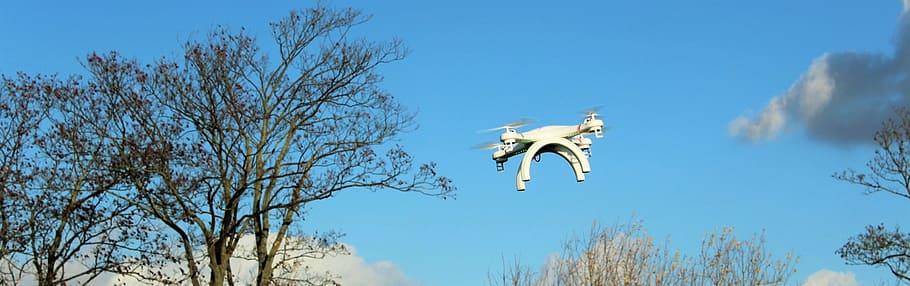 white quadcopter in flight, drone, fly, rotor, aircraft, banner HD wallpaper