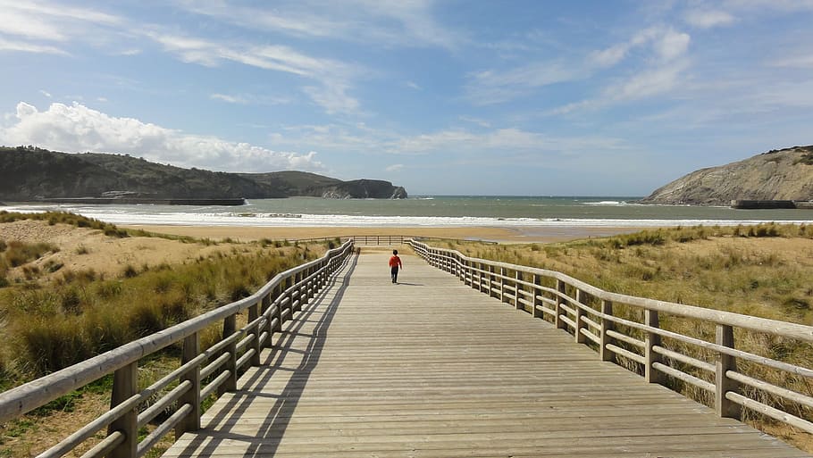beach, mountain, person, water, railing, sky, scenics - nature HD wallpaper