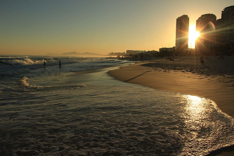 Beach, Sunset, Sol, Eventide, mar, beira mar, clouds, nature HD wallpaper