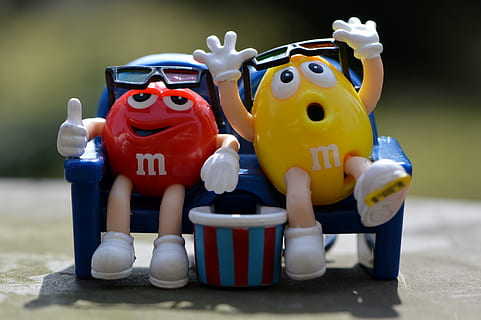 M&M's character sitting on sofa, m m's, candy, funny, 3-d glasses HD wallpaper
