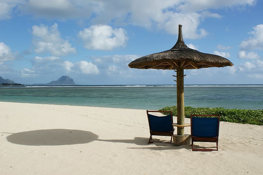 two blue folding chairs of gazebo umbrella, summer, holiday, beach, HD wallpaper