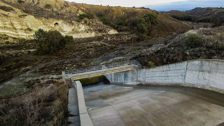 dam, overflow, landscape, valley, riverbed, empty, environment HD wallpaper