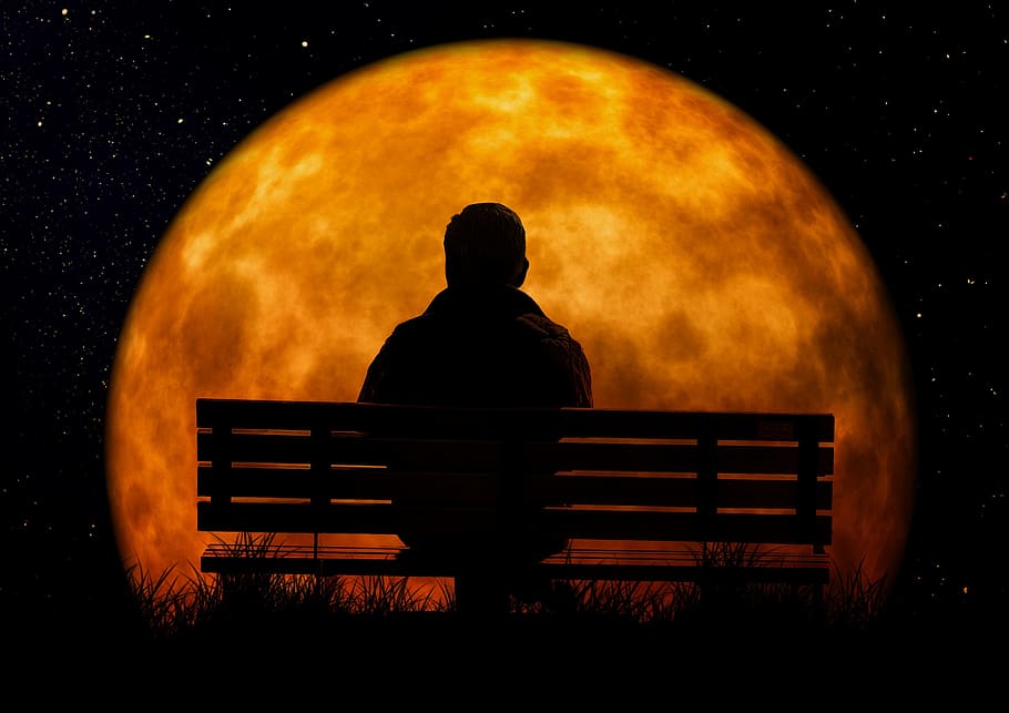 man sitting on bench facing moon, age, person, bank, viewing