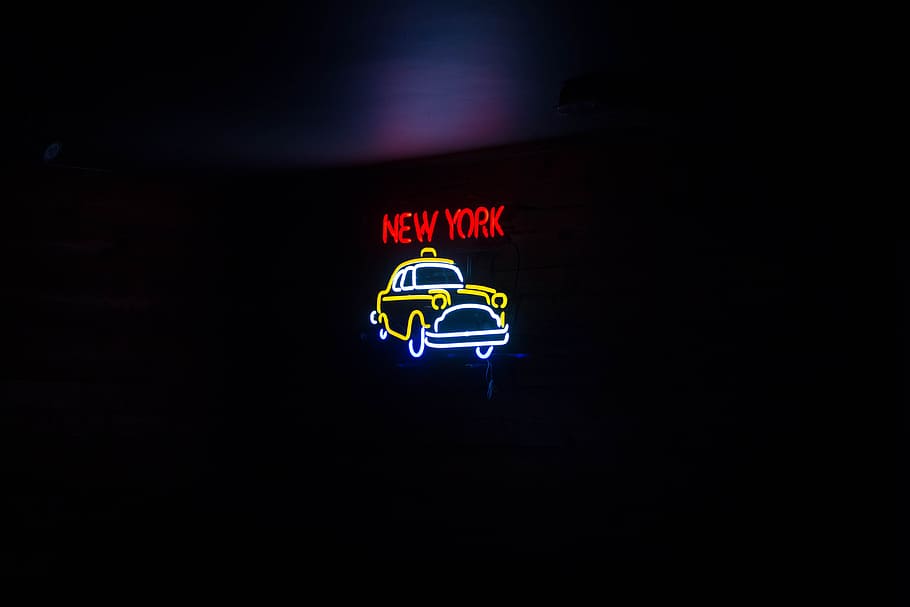 red and yellow New York neon light signage, new york taxi neon signage, HD wallpaper