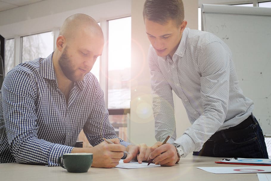 two men writing on white paper inside white painted room, write HD wallpaper