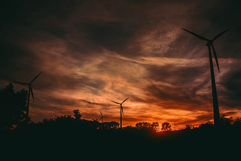 silhouette of windmills during sunset, untitled, sky, cloud, wind turbine HD wallpaper