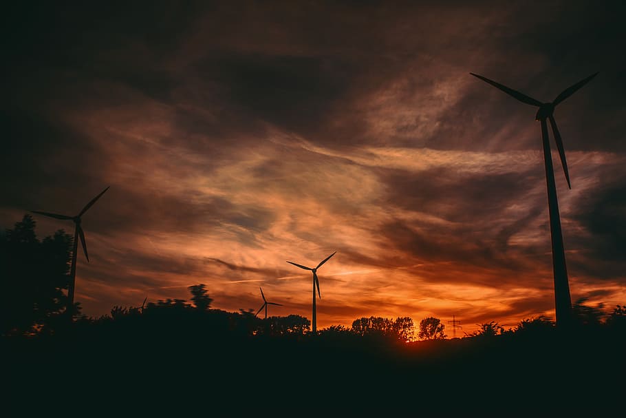 silhouette of windmills during sunset, untitled, sky, cloud, wind turbine HD wallpaper