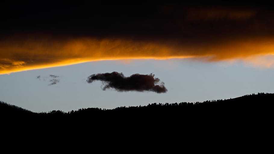 slur, silhouette of mountain under orange sunset, tree, sky, cloud HD wallpaper