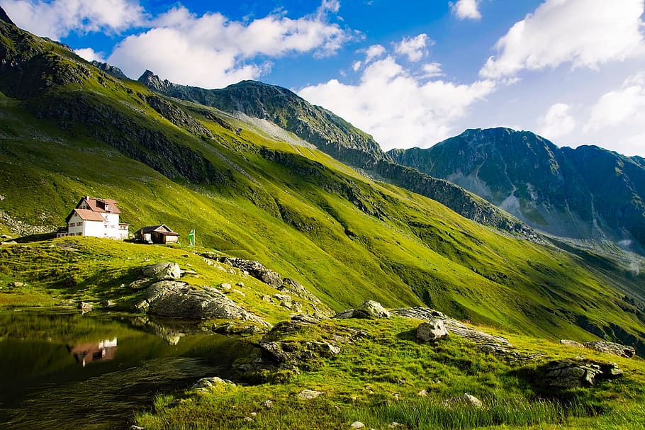 house on mountain, austria, sky, clouds, landscape, scenic HD wallpaper