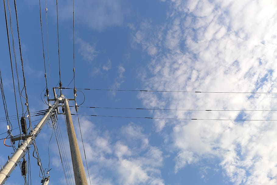 sky, pole, electric cable, electricity, cloud - sky, technology HD wallpaper